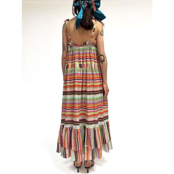 Rue de la Lune Sabi Dress Size ML Pink Multi Ruffle Cotton Stripe Maxi Colorful - Picture 5 of 14